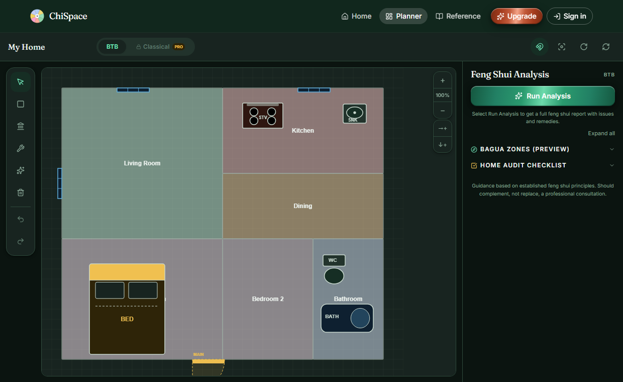 ChiSpace planner showing a floor plan with the Bagua overlay